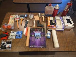 lot 18668 image: Painting & Finishing Supply Kit w Brushes Tools Chemicals