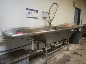 lot 12660 image: Commercial 3-Compartment Stainless Steel Sink w Sprayer