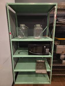 lot 12681 image: Green Metal Storage Shelving Unit w Adjustable Shelves  Contents Not Included
