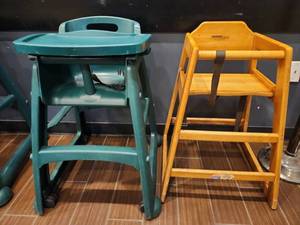lot 12773 image: (2) Plastic and Wooden Highchairs with Tray and Casters