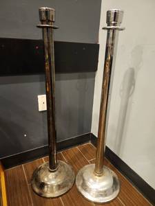 lot 12774 image: Pair of Chrome Metal Stanchion Posts with Lawrence Branding