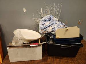 lot 12779 image: Assorted Lot  Pedestal Bowl with Winter Decorative Lot