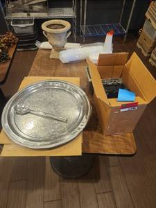 lot 12798 image: Silver-Tone Serving Tray with Spoon, Decorative Pot & Accessories