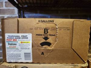 lot 12819 image: Tropicana Fruit Punch Juice Drink Post Mix Fountain Syrup 3 Gal Bag-in-Box