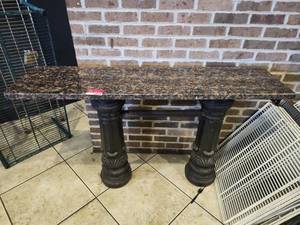 lot 12824 image: Granite Top Console Table w Black Cast Iron Column Bases 54in