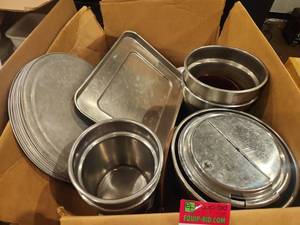 lot 12835 image: Assorted Lot of Stainless-Steel Oval Trays, Pans, Inset Pots &amp Hinged Lid w Box Grater