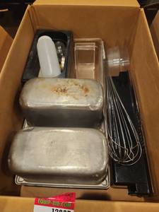 lot 12837 image: Assorted Lot of Stainless Steel &amp Polycarbonate Food Pans, Whisk, Squeeze Bottles &amp Jar