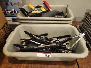 lot 12840 image: Lot of Assorted Serving Tongs, Portion Spoons, Scoops &amp Utensils w 4 Gray Bus Tubs