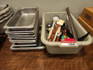 lot 12841 image: Stainless Steel Steam Table Pans, Sheet Pans &amp Utensils Lot with Gray Bin