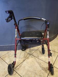 lot 12904 image: Red 4-Wheel Rollator Walker w Padded Seat, Backrest, Hand Brakes & Storage Pouch