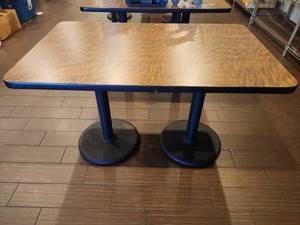 lot 12928 image: Rectangular Laminate Top Dining Table w Dual Round Cast Bases&nbsp