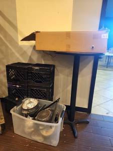 lot 12945 image: Assorted Lot of Stainless Pots &amp Bowls, Milk Crates, Bar Table, Hardware Pack Box