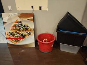 lot 18699 image: Lot of Plastic Totes, Red Rope-Handle Tub, Spiked Shoes & Pizza Print Panel