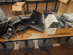lot 18710 image: Lot of POS Cash Drawer Trays, Honeywell Scanner Charge Bases, Keyboards & Cables