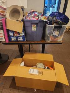 lot 18713 image: Party Supply Lot Foil Balloons, Gold Top Hats, Birthday Candles, Plastic Pails