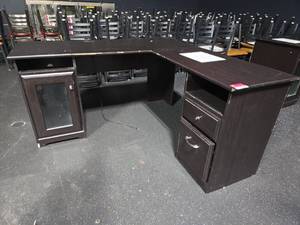 lot 12881 image: L-Shaped Corner Desk, Dark Espresso, Glass Door Cabinet, Drawers & USB Hub