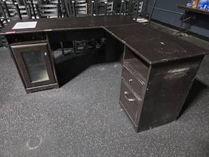 lot 12882 image: L-Shaped Corner Desk, Dark Espresso, Glass Door Cabinet, Drawers & USB Hub