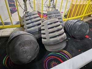 lot 14878 image: (5) Ribbed Dome Pendant Speakers w Hanging Chains and Eye Bolts