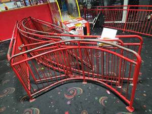 lot 14881 image: Red Painted Steel Queue Barrier Railing Sections w Curved Handrails