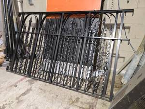 lot 14883 image: Set of 2 6ft. Black Wrought Iron Style Railing Panel w Arched Straps & Fleur-de-Lis Finials