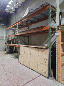 lot 14884 image: Two-Bay Pallet Racking Section with Green Uprights & Orange Beams