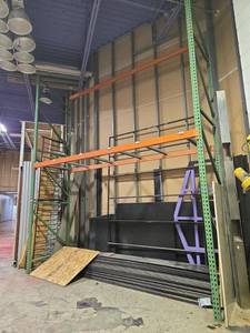 lot 14885 image: Green Upright Frame Pallet Rack Section w Orange Beams & Cross Supports