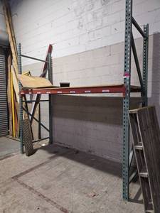 lot 14886 image: Pallet Rack Section with 2 Upright Frames and Red Beam Pair, Green Steel