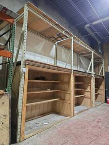 lot 14888 image: 3-Bay Boltless Steel Upright Shelving Unit w Plywood Decking & Wood Cabinets