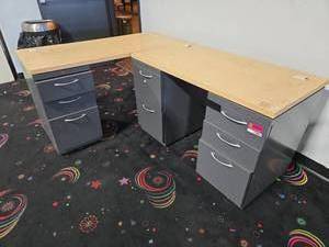 lot 21893 image: L-Shaped Office Desk Set with Maple Laminate Tops and 3 Pedestal File Cabinets