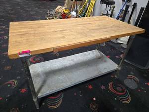 lot 21898 image: Butcher Block Top Work Table w Galvanized Undershelf & Steel Legs