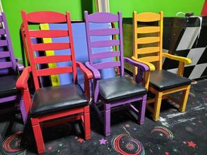 lot 14895 image: (3) Painted Wood Ladder-Back Armchairs w Black Seats