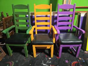 lot 14896 image: (3) Painted Wood Ladder-Back Armchairs w Black Seats