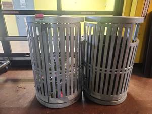 lot 14909 image: (2) Gray Steel Slatted Outdoor Trash Receptacle w Side Opening