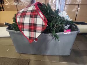 lot 18736 image: Pre-Lit Artificial Christmas Tree w Stand, Plaid Tree Skirt & Foam Snowflakes