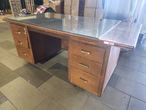 lot 18737 image: Vintage Wood Double Pedestal Executive Desk w Glass Top & 6 Drawers