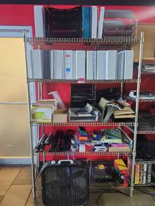 lot 18738 image: Office Supply Lot 3-Inch Binders, Letter Trays, Hole Punches, Staplers, Box Fan & More