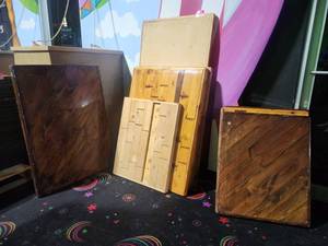 lot 18752 image: Bulk Lot of Wood Plank Table Tops, Dark and Natural Finishes