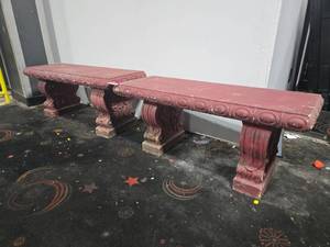 lot 18754 image: (2) Red-Painted Cast Concrete Garden Benches w Scrolled Pedestal Bases