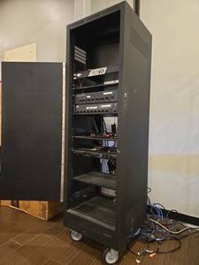 lot 12710 image: Rack mounted Audio-visual system with wireless microphone and 2 amplifiers.