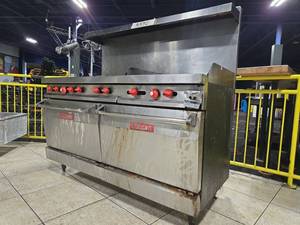 lot 12970 image: Vulcan Commercial Gas Range 6 Burner w Griddle, 2 Ovens & Backsplash Shelf