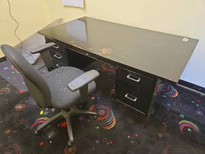 lot 12986 image: Black Steel Double-Pedestal Office Desk w 5 Drawers and Swivel Task Chair