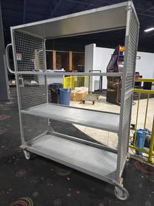 lot 22041 image: 3-Tier Steel Mesh-Sided Rolling Cart w Dual Handles & Swivel Casters