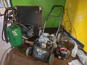 lot 22064 image: Pulsar PTG12205B Big Wheel Mower, Troy-Bilt TB25SB 2-Cycle & Tank Lot