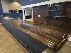 lot 22077 image: Wood Bar Top Section with Bullnose Edge, Dark Stain Finish, Glossy Coating