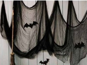 lot 12090 image: Black Gauze Halloween Fabric Draping 197 x 84.5 with 3D Bat Decoration