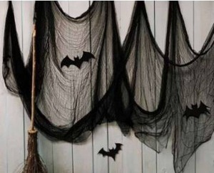 lot 12116 image: Black Gauze Halloween Fabric Draping 197 x 84.5 with 3D Bat Decoration
