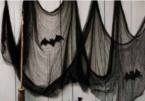 lot 11705 image: Black Gauze Halloween Fabric Draping 197 x 84.5 with 3D Bat Decoration