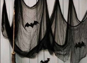 lot 11724 image: Black Gauze Halloween Fabric Draping 197 x 84.5 with 3D Bat Decoration