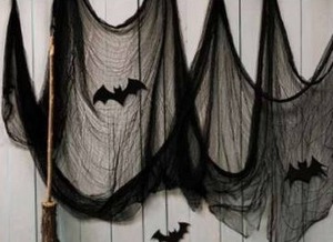 lot 12206 image: Black Gauze Halloween Fabric Draping 197 x 84.5 with 3D Bat Decoration