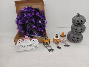 lot 12236 image: Halloween Decor Lot Stacked Pumpkins, Ghost Figurine, Spider Tinsel Tree